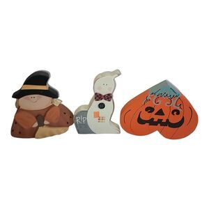 Vintage 3-piece Wooden Block‎ Halloween Decor Ghost Witch Jack-o'-lantern